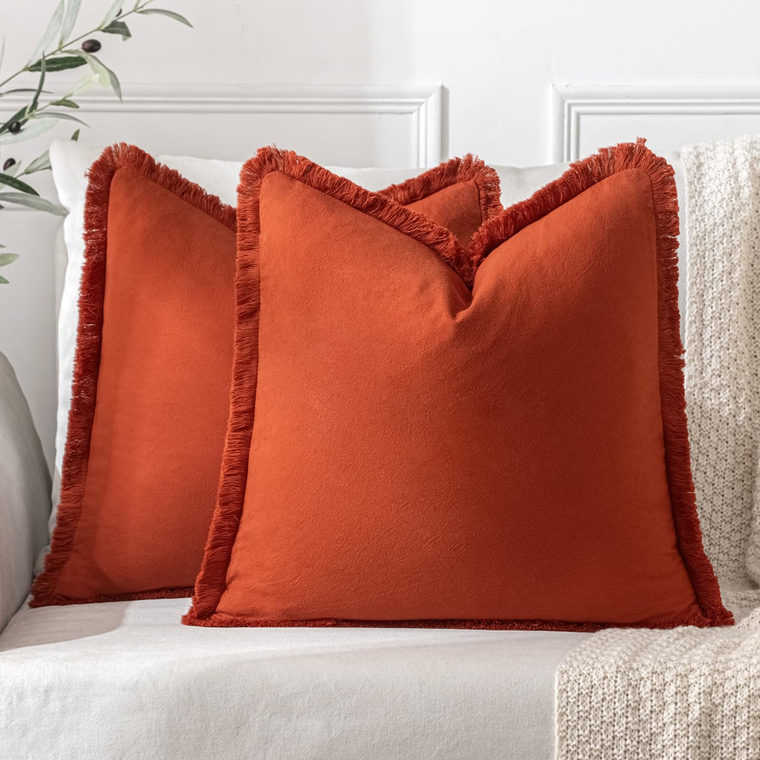 Miulee Pillow Covers Boho Farmhouse 24X24 Set Of 2 Decorative Burnt Orange Couch Pillow Covers With Fringe Chic Cotton Throw Pillows Home Decor Accents For Cushion Sof Bed Living Room